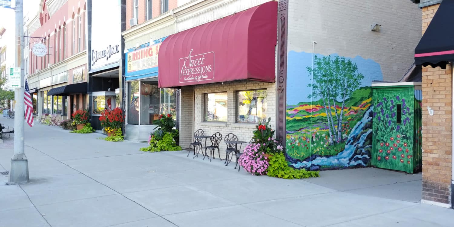 Street view featuring a storefront with a red awning, vibrant flower arrangements, and a colorful mural on the adjacent wall.